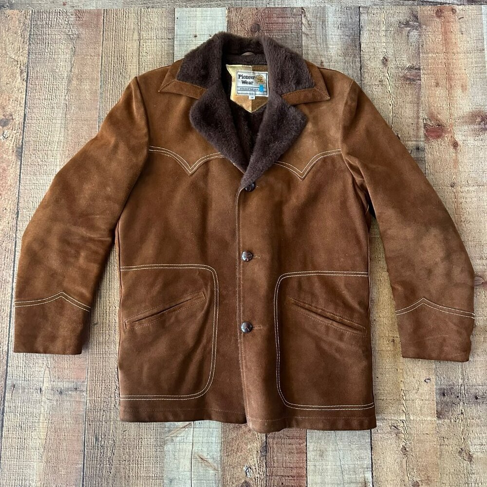 Vintage Pioneer Wear Mens Suede Leather Western Jacket Brown